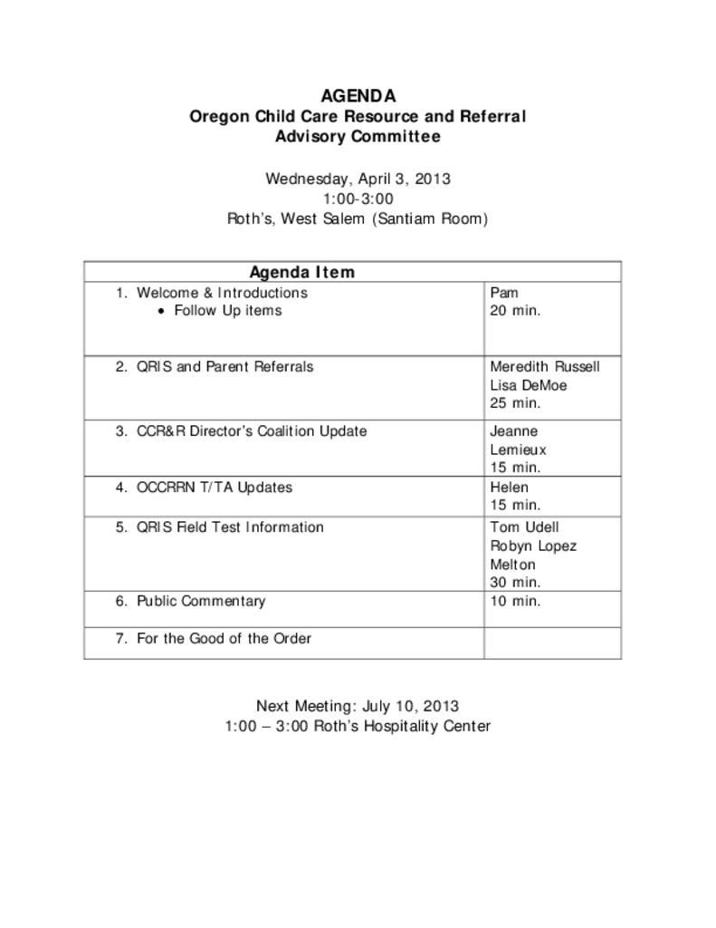 CCRR Advisory Committee April 3 agenda